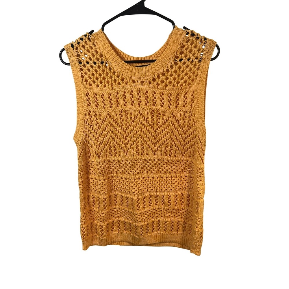 Talbots Wm Petite Med‎ Yellow Knit Sweater Crochet Vest Granny Boho Festival Y2K